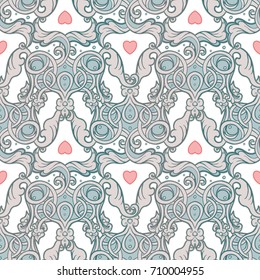 Seamless pattern design with crowns and hearts in medieval style. Ornate Royal repetition background. Wrapping paper, wallpapers. Vector illustration. Detailed textile, fabric, paper design.