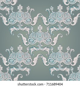 Seamless pattern design with crowns and hearts in medieval style. Ornate Royal repetition background. Wrapping paper, wallpapers. Vector illustration. Detailed textile, fabric, paper design.