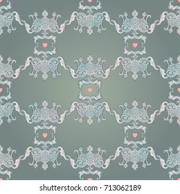 Seamless pattern design with crowns and hearts in medieval style. Ornate Royal repetition background. Wrapping paper, wallpapers. Vector illustration. Detailed textile, fabric, paper design.