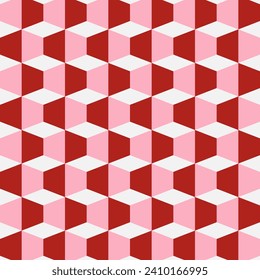 Seamless pattern design with cube with geometric squares with 3D effect with pink, white and red colors.