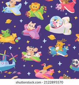 Seamless pattern design with cute animals flying on planes, flat cartoon vector illustration on blue background. Fantasy kids repeatable pattern with funny pilots.