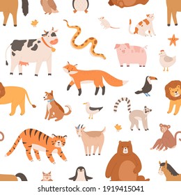 Seamless pattern design with cute baby animals on white background. Endless repeatable texture with monkey, tiger, bear and fox. Childish decoration for printing. Colored flat vector illustration