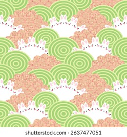 Seamless Pattern Design Cute Bunnies in Green and Peach Swirls Background