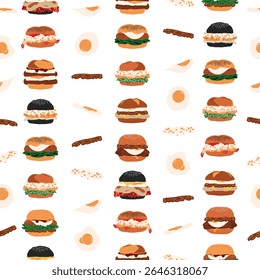 A seamless pattern design of cute burger theme in doodle hand-drawn style. Perfect for digital backgrounds, restaurant menus, packaging, wrapping paper, textiles, kitchen decor, and wallpaper.