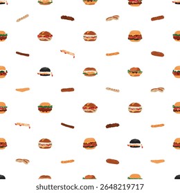 A seamless pattern design of cute burger theme in doodle hand-drawn style. Perfect for digital backgrounds, restaurant menus, packaging, wrapping paper, textiles, kitchen decor, and wallpaper.