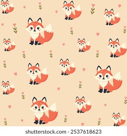 seamless pattern design with cute fox flat vector illustration
