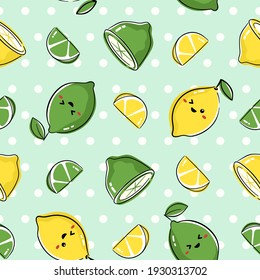 Seamless pattern design with cute fruit characters. Repeat tile with kawaii lemon and lime drawing.