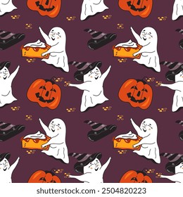 Seamless pattern design with cute Halloween ghost character with pumpkin monster, vector illustration for Halloween cards and party invitations.