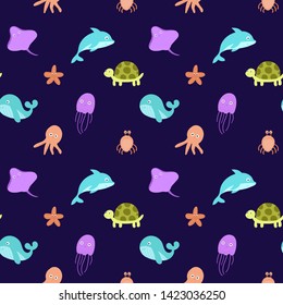 Seamless pattern design, cute hand drawn sea animals. Marine life collection background. Whale, octopus, jellyfish, turtle, crab, dolphin,