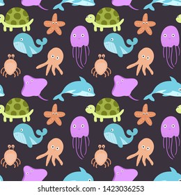 Seamless pattern design, cute hand drawn sea animals. Marine life collection background. Whale, octopus, jellyfish, turtle, crab, dolphin,