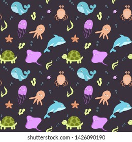 Seamless pattern design, cute hand drawn sea animals. Marine life collection background. Whale, octopus, jellyfish, turtle, crab, dolphin,