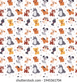 Seamless pattern design with cute little dog characters, paw trace and bones isolated on white background. Vector flat illustration. For kids gifts packaging, wrapping paper etc.