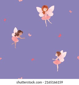 Seamless pattern design, cute little fairies watercolor illustration, vector graphic, children artworks, wallpapers, posters, greeting cards prints. 