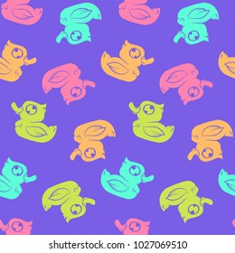 Seamless pattern design with cute rubber ducks. Can be used as background, on packaging paper or textile. Hand drawn vector graphics illustration. Editable vector shapes.