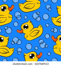 Seamless pattern design with cute rubber ducks. Can be used as background, on packaging paper or textile. Hand drawn vector graphics illustration. Editable vector shapes.