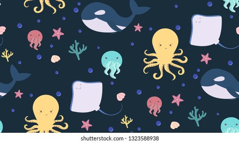 Seamless pattern design, cute sea animals with hand drawn elements. Marine life collection background