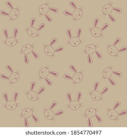 Seamless pattern design of cute sleeping rabbit face on brownish background. Children's drawings.