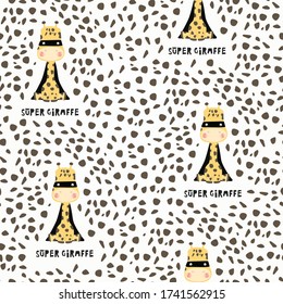 Seamless pattern design. Cute superhero giraffe. Vector illustration art.