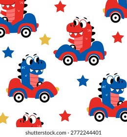 seamless pattern design of cute t rex dinosaur  driving blue and red for kids appare. good for kids apparel fabric design