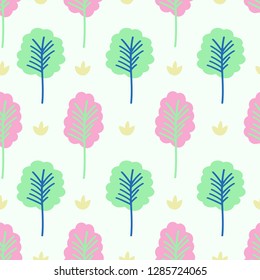 Seamless pattern design of cute trees on white background, vector illustration.