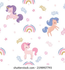 Seamless pattern design with cute unicorns, vector illustration for kids artworks, wallpaper, cards, prints.