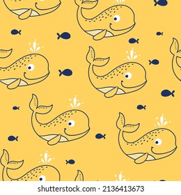 seamless pattern design with cute whale drawing as vector