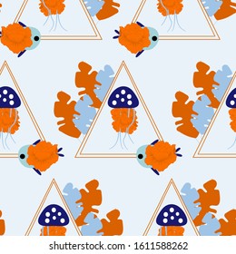 seamless pattern design with dark blue jellyfish, blue leaves and geometrics, perfect to use on the web or in print