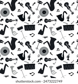 Seamless pattern. Design for decor. Modern hand drawn vector illustration, flat style. Wrapping paper or banner. Music festival. Different types of musical instruments pattern, postcard. Monochrome
