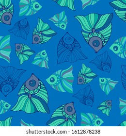 Seamless pattern design with decorative fish in blue tones. Can be used for printing on paper, stickers, badges, bijouterie, cards, textiles.