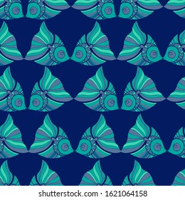 Seamless pattern design with decorative lined fish in blue tones. Can be used for printing on paper, stickers, badges, bijouterie, cards, textiles.