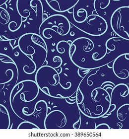 Seamless pattern design with detailed Iznik style floral motifs drawn freehand on digital tablet, elegant flourishes repeating surface pattern for web and print use.