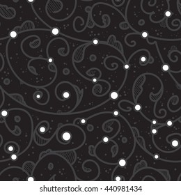 Seamless pattern design with detailed Iznik style floral motifs drawn freehand on digital tablet, elegant flourishes repeating surface pattern for web and print use.
