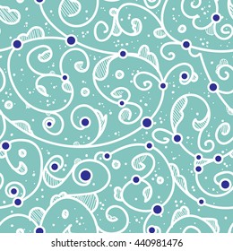 Seamless pattern design with detailed Iznik style floral motifs drawn freehand on digital tablet, elegant flourishes repeating surface pattern for web and print use.