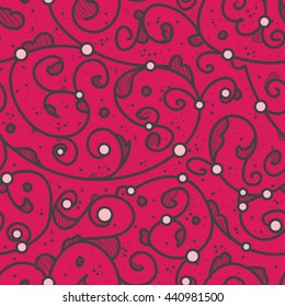 Seamless pattern design with detailed Iznik style floral motifs drawn freehand on digital tablet, elegant flourishes repeating surface pattern for web and print use.