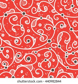 Seamless pattern design with detailed Iznik style floral motifs drawn freehand on digital tablet, elegant flourishes repeating surface pattern for web and print use.
