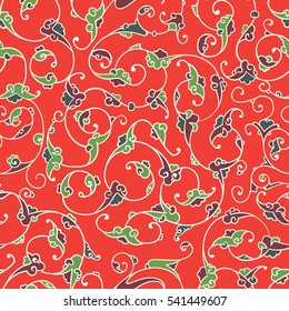 Seamless pattern design with detailed Iznik style floral motifs drawn freehand on digital tablet, elegant rumi style flourishes repeating surface pattern for web and print use.