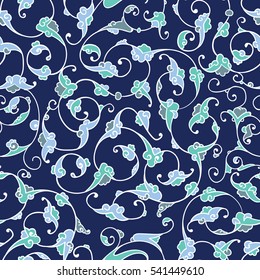 Seamless pattern design with detailed Iznik style floral motifs drawn freehand on digital tablet, elegant rumi style flourishes repeating surface pattern for web and print use.