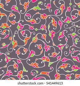 Seamless pattern design with detailed Iznik style floral motifs drawn freehand on digital tablet, elegant rumi style flourishes repeating surface pattern for web and print use.