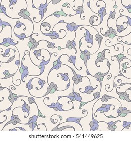 Seamless pattern design with detailed Iznik style floral motifs drawn freehand on digital tablet, elegant rumi style flourishes repeating surface pattern for web and print use.