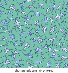 Seamless pattern design with detailed Iznik style floral motifs drawn freehand on digital tablet, elegant rumi style flourishes repeating surface pattern for web and print use.