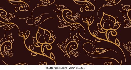 Seamless pattern design with detailed style floral motifs drawn freehand, elegant flourishes repeating surface pattern for web and print use.
