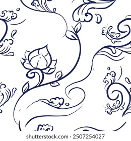 Seamless pattern design with detailed style floral motifs drawn freehand, elegant flourishes repeating surface pattern for web and print use