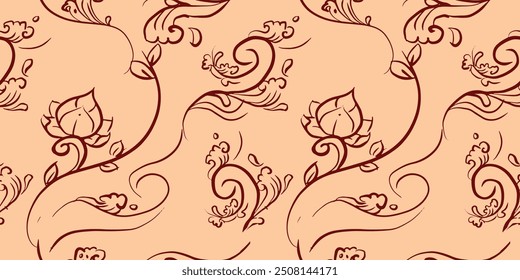 Diseño de patrón sin fisuras con motivos florales de estilo detallado dibujados a mano alzada, 