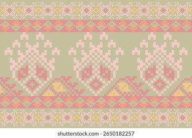 Seamless pattern design. Detailed vector illustration for textile design. Cross stitch pattern. Geometric pattern. Tribal pattern. Pixel art design.