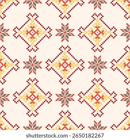 Seamless pattern design. Detailed vector illustration for textile design. Cross stitch pattern. Geometric pattern. Tribal pattern. Pixel art design.