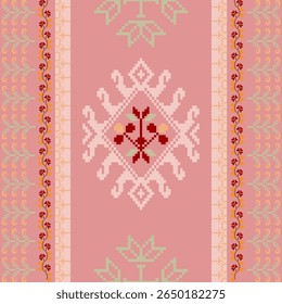 Seamless pattern design. Detailed vector illustration for textile design. Cross stitch pattern. Geometric pattern. Tribal pattern. Pixel art design.