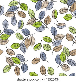 Seamless pattern design with digital drawings of leaves. Nature, ecology, vintage concept shabby chic repeating vector background for web and print use