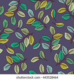 Seamless pattern design with digital drawings of leaves. Nature, ecology, vintage concept shabby chic repeating vector background for web and print use