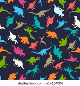 Seamless pattern design with Dinosaur silhouettes in colors