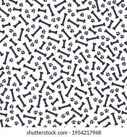 Diseño de patrones impecable con trazas de garras de perro y siluetas óseas aisladas sobre fondo blanco. Ilustración de dibujos animados planos vectores. Para envasado, papel de embalaje, etc.